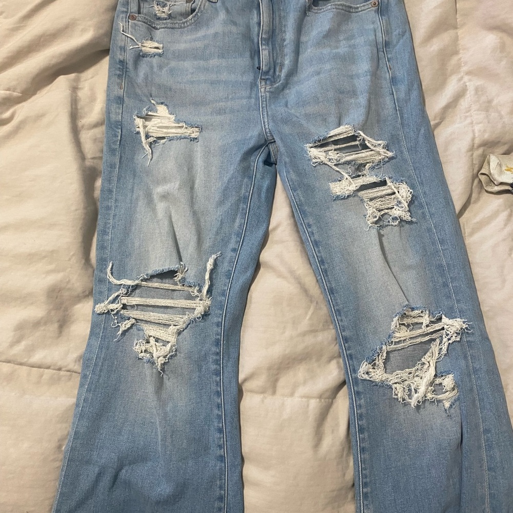 American Eagle Blue Flare Wide Leg Jeans with Distressed Details